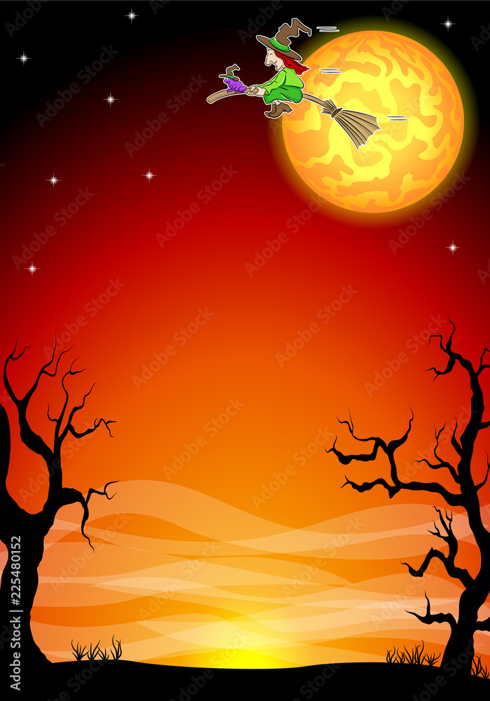 Obraz premium halloween night background with a flying witch and full moon