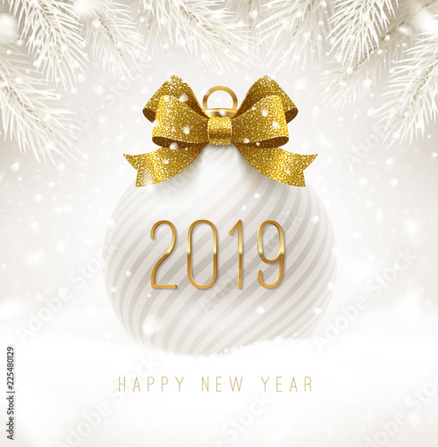 Holiday white bauble with glitter gold bow ribbon and New year 2019 number. Christmas ball on a snow. Vector illustration.