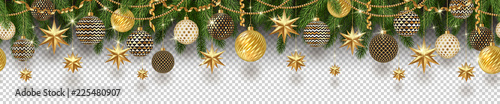 Christmas golden decoration and Christmas tree branches on a checkered background. Can be used on any background. Seamless frieze. Vector illustration. photo