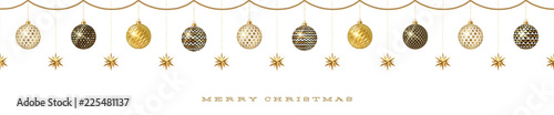 Seamless frieze with Christmas decoration - patterned baubles with golden stars. Vector illustration.