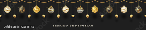 Seamless frieze with Christmas decoration - patterned baubles with golden stars. Vector illustration.