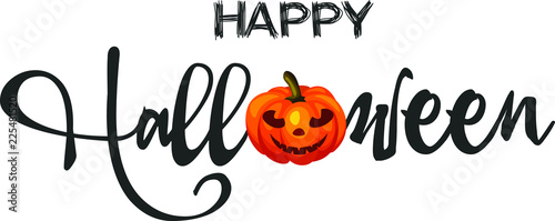 Happy halloween concept. Hand drawn  calligraphy with pumpkin isolated on white background. Design for holiday greeting card and invitation, flyers, posters, banner, web page, fabric, brochures.