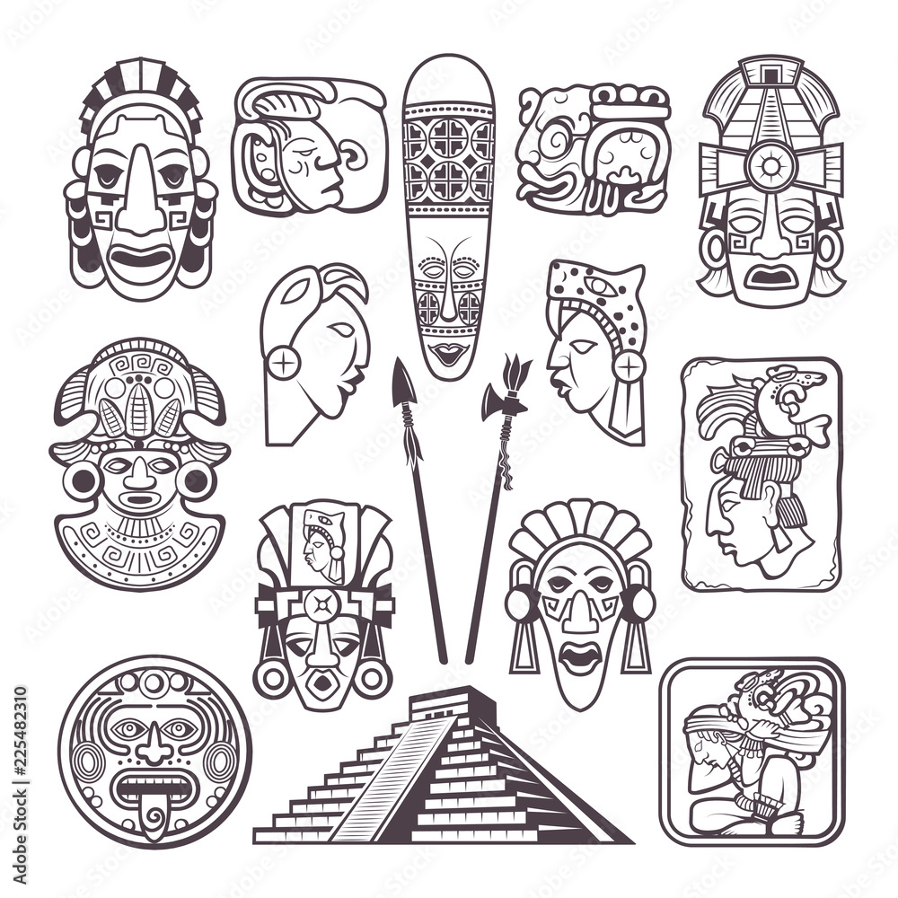 Monochrome pictures set of mayan culture symbols. Tribal masks and totems. Vector aztec tribal mythology, souvenir ancient illustration