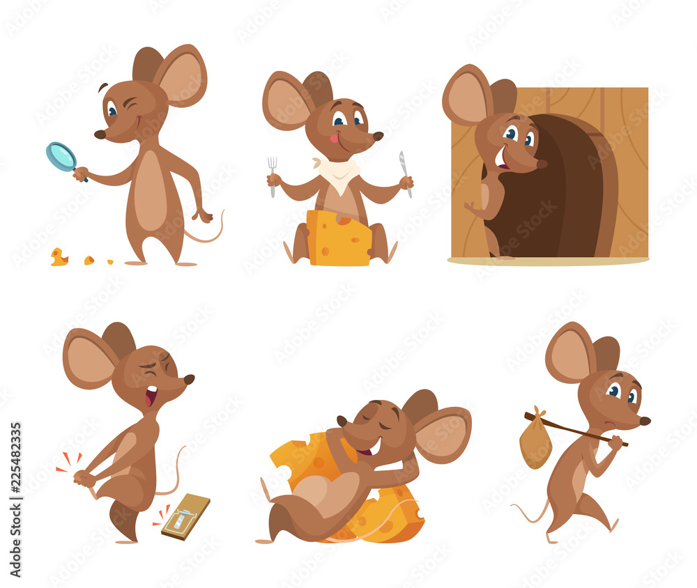 Mouse character. Funny cartoon mice. Vector clipart isolated on white.  Illustration of mouse mascot, animal and mousetrap Stock Vector | Adobe  Stock
