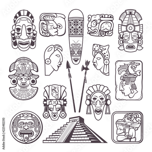 Monochrome pictures set of mayan culture symbols. Tribal masks and totems. Vector aztec tribal mythology, souvenir ancient illustration photo