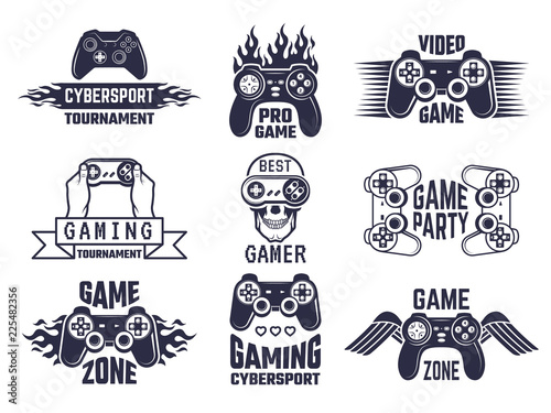 Gaming logo set. Video games and cyber sport labels. Gamer emblem logo, sport cyber, video gaming, vector illustration