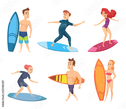 Surf characters. Vector design of summer mascots. Illustration of surfer and surfing, surfboard on sea