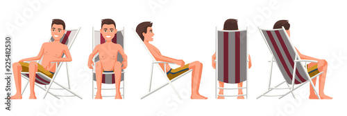 Vector illustration of men in shorts in chaise lounge. Cartoon realistic people. Flat young man. Front view guy, Side view, Back side view, Isometric view. Thin man sunbathing in beach chair
