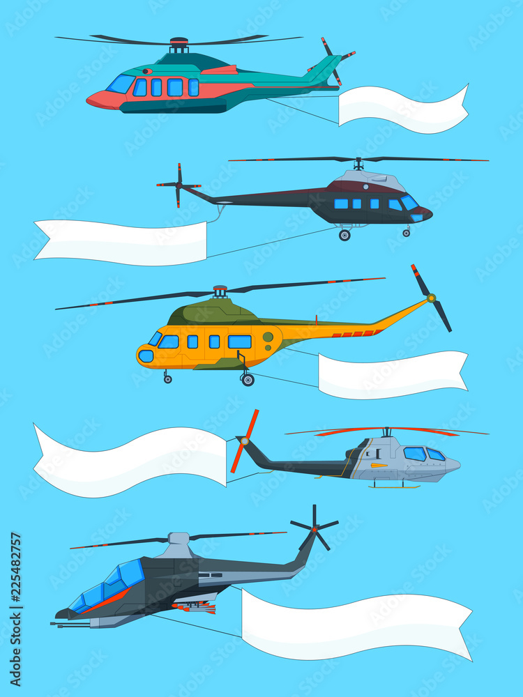 Flying helicopters with banners. Advertizing banners on avia transport. Advertisement message poster attached to helicopter. Vector illustration