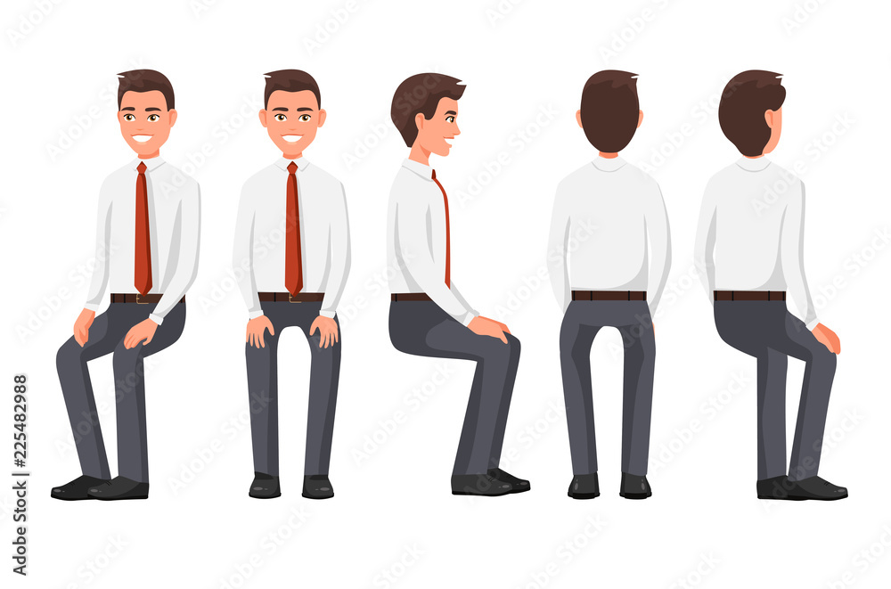Vector illustration of sitting men in official clothes under the white background. Cartoon realistic people. Flat young man. Front view man, Side view man, Back side view man, Isometric view. Stock Vector | Vector illustration of sitting men in official clothes under the white background. Cartoon realistic people. Flat young man. Front view man, Side view man, Back side view man, Isometric view. Stock Vector |
