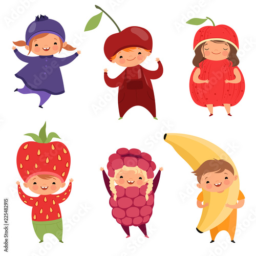 Fruits costumes. Carnival clothes for children. Funny kids in fruit fancy dresses wearing on white, vector illustration