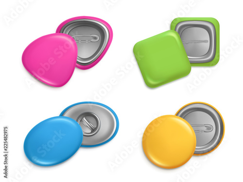Various shapes of badges. Realistic illustrations badges of different shapes. Button badge round, label emblem pin vector