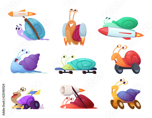 Fast cartoon snails. Business concept characters of competitive quick cute slug vector race mascots in action poses. Illustration of snail fast and speed, slow animal funny