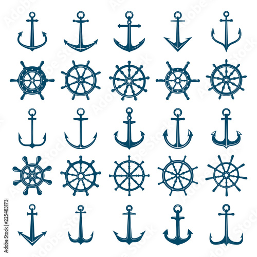 Wheels ship anchors icon. Steering wheels boat and ship anchors marine and navy symbols. Vector silhouettes for logo designs or tattoo. Anchor and wheel for ship or boat, navy travel illustration