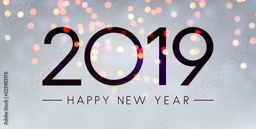 Grey shiny Happy New Year 2019 greeting card.