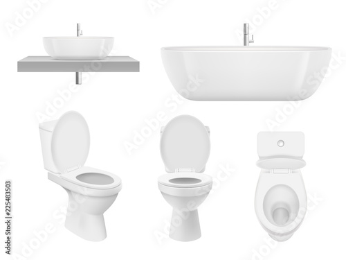 Realistic bathroom collection. Toilet, washing cabinet bowl bathroom sink clean white for fresh washroom basin. Vector pictures. Illustration of bathroom toilet, sink or basin, plumbing bath