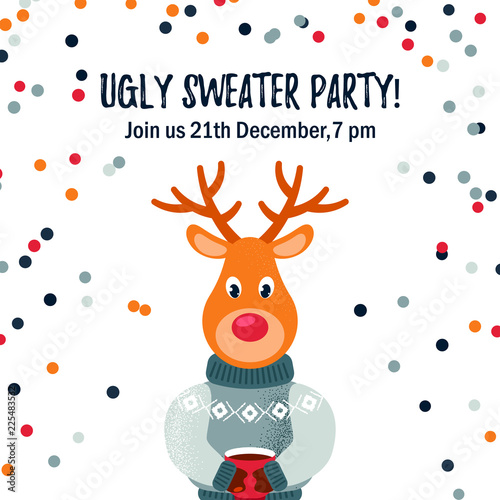 Ugly sweater party design / cad / invitation with a cute deer. Space for text