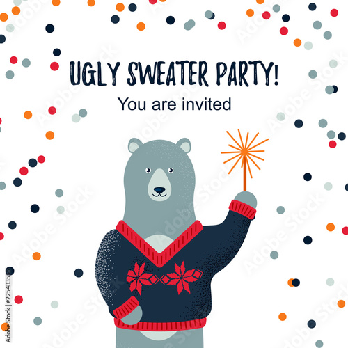 Ugly sweater party design / cad / invitation with a cute polar bear. Space for text