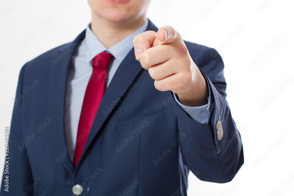 Close up of Business man pointing finger on you isolated on white background. Touching virtual screen. Success concept. Selective focus Close up of Business man pointing finger on you isolated on white background. Touching virtual screen. Success concept. Selective focus