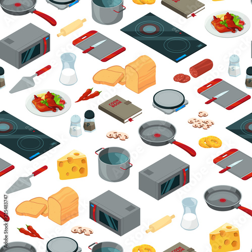 Vector cooking food isometric objects background or pattern illustration. Cooking pattern kitchen, cheese and vegetable