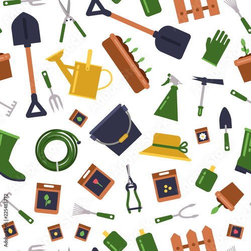 Vector flat gardening icons pattern or background illustration. Watering and growing, rake and pruner