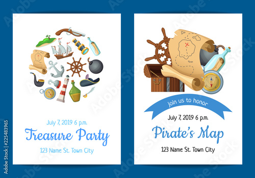 Vector cartoon sea pirates birthday party invitation template illustration. Pirate party invitation poster, adventure ocean with treasure