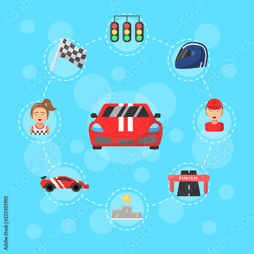 Vector flat car racing icons infographic concept illustration. Car sport race speed, auto championship, automobile winner competition