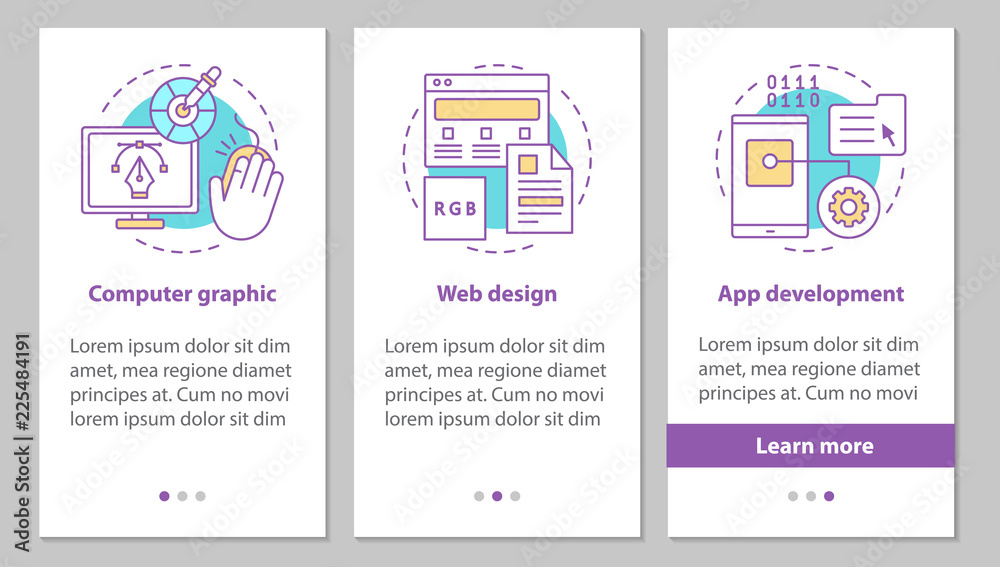 Digital technology onboarding mobile app page screen with linear concepts