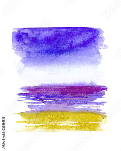 Hand drawn watercolor wash in blue, purple and yellow colors. Seaside, beach and dark evening sky sketch.