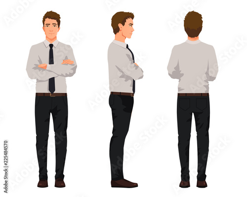 Fototapeta Naklejka Na Ścianę i Meble -  Vector illustration of three business men with crossed arms in official clothes. Cartoon realistic people illustartion.Worker in a shirt with a tie.Front view man,Side view man,Back side view man