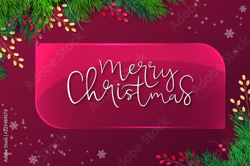 Vector illustration of greeting banner template with hand lettering label - merry Christmas - with a realistic glass plate, fir tree branches, and decorative bead branches