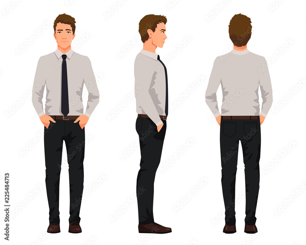 Vector illustration of three business men with hands in pockets, in official clothes. Cartoon realistic people illustartion.Worker in a shirt with a tie.Front view man,Side view man,Back side view man