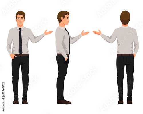 Vector illustration of three business men in official clothes with hand up. Question pose. Presentation pose.Cartoon realistic people illustartion.Front view man,Side view man,Back side of man