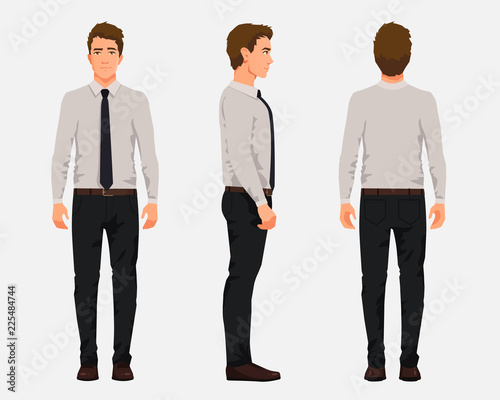 Vector illustration of three business men in official clothes. Cartoon realistic people illustartion.Worker in a shirt with a tie.Front view man,Side view man,Back side view man