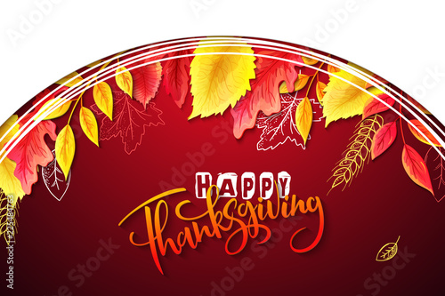 Vector greeting thanksgiving banner with hand lettering label - happy thanksgiving - with bright autumn leaves and doodle leaves, wreath and feathers