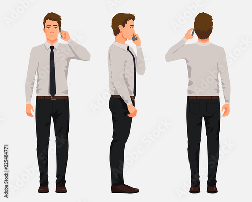 Vector illustration of three business men in official clothes with phone in one hand. Cartoon realistic people illustartion.Worker in a shirt with a tie.Front view man,Side view man,Back side view man