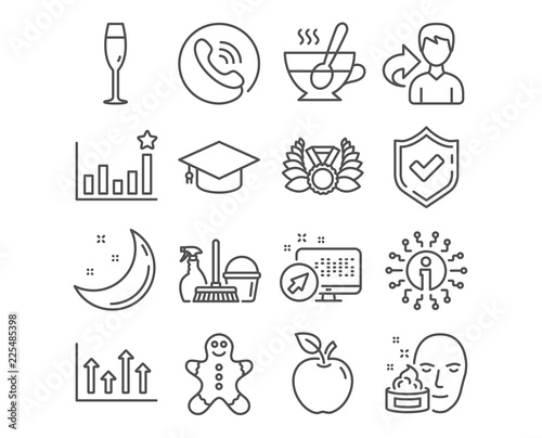 Set of Tea cup, Upper arrows and Face cream icons. Efficacy, Gingerbread man and Graduation cap signs. Champagne glass, Household service and Laureate medal symbols. Vector