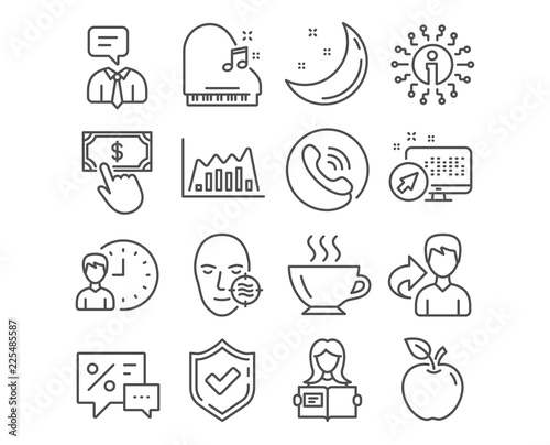 Set of Infographic graph, Working hours and Discounts icons. Woman read, Coffee and Piano signs. Support service, Payment click and Problem skin symbols. Line diagram, Project deadline, Best offer