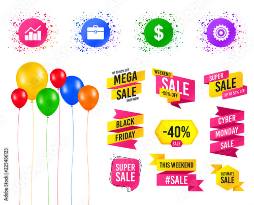 Balloons party. Sales banners. Business icons. Graph chart and case signs. Dollar currency and gear cogwheel symbols. Birthday event. Trendy design. Vector