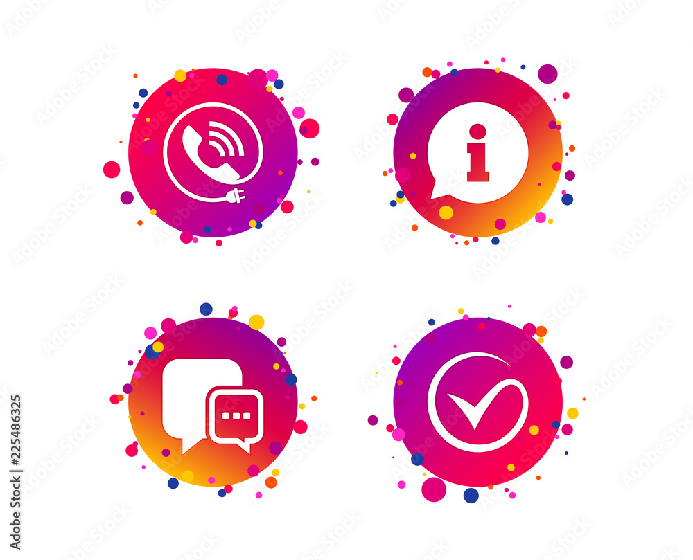 Check or Tick icon. Phone call and Information signs. Support communication chat bubble symbol. Gradient circle buttons with icons. Random dots design. Vector Check or Tick icon. Phone call and Information signs. Support communication chat bubble symbol. Gradient circle buttons with icons. Random dots design. Vector