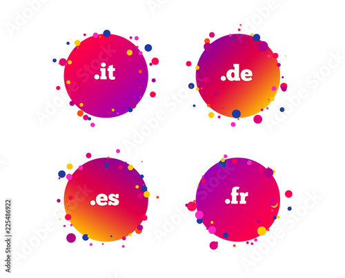 Top-level internet domain icons. De, It, Es and Fr symbols. Unique national DNS names. Gradient circle buttons with icons. Random dots design. Vector