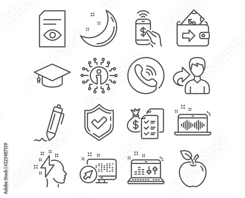 Set of Graduation cap, Accounting wealth and Music making icons. Wallet, View document and Brainstorming signs. Sound check, Phone payment and Signature symbols. University, Audit report, Dj app