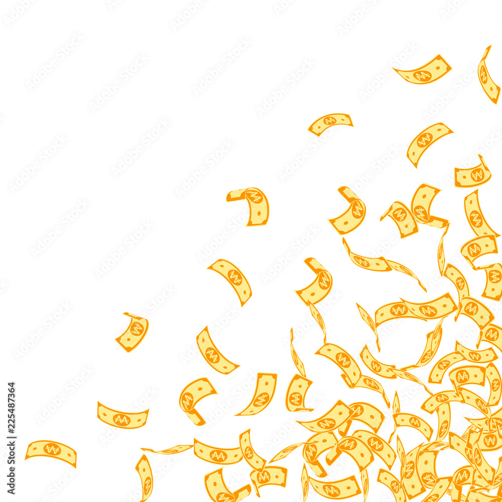 Obraz premium Korean won notes falling. Small WON bills on white background. Korea money. Decent vector illustrati