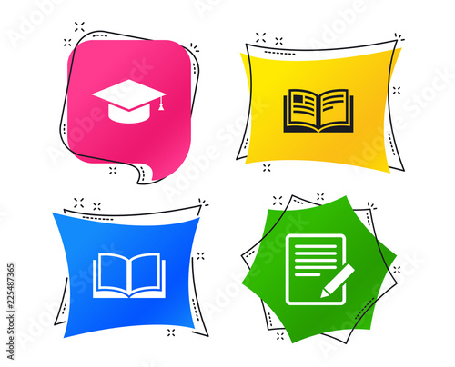 Pencil with document and open book icons. Graduation cap symbol. Higher education learn signs. Geometric colorful tags. Banners with flat icons. Trendy design. Vector