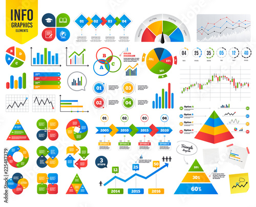 Business infographic template. Pencil with document and open book icons. Graduation cap and geography globe symbols. Learn signs. Financial chart. Time counter. Vector