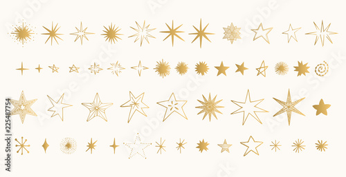 Set of golden stars. Glitter shapes. Vector. 