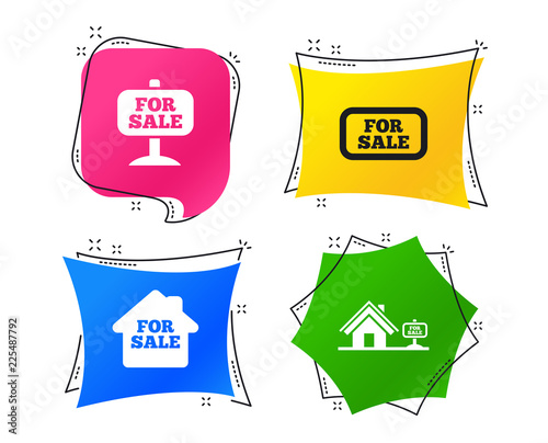 For sale icons. Real estate selling signs. Home house symbol. Geometric colorful tags. Banners with flat icons. Trendy design. Vector