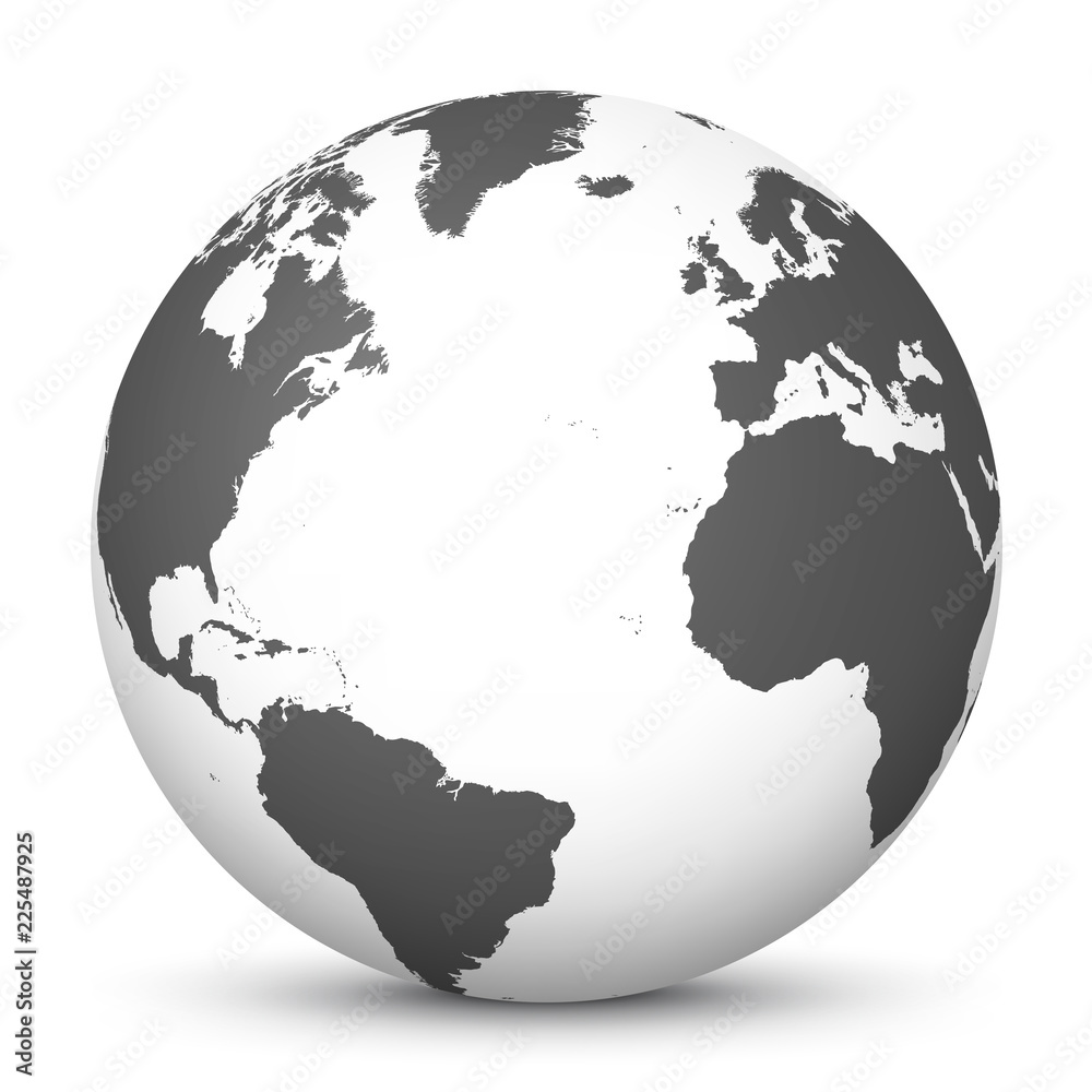White 3D Globe Icon with Gray Continents and Atlantic Ocean in the Center - Planet Earth - World Symbol