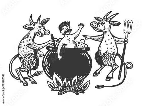 Devils boil man in cauldron engraving vector illustration. Scratch board style imitation. Black and white hand drawn image.