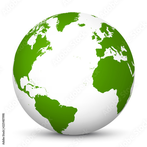 Fototapeta Naklejka Na Ścianę i Meble -  White 3D Globe Icon with Green Continents and Atlantic Ocean in the Center - Planet Earth - World Symbol